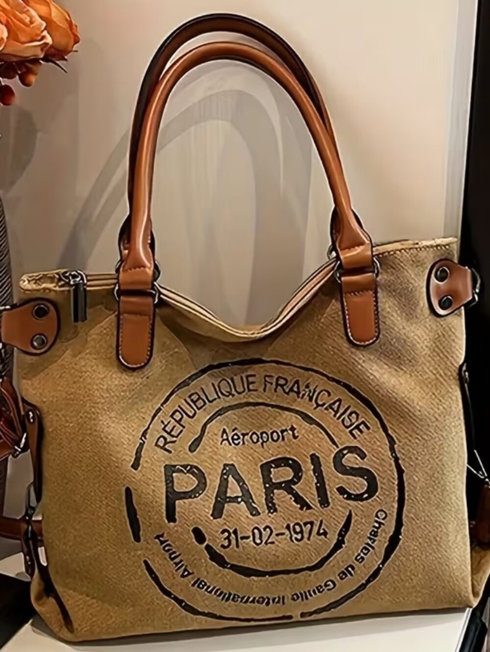Trendy Medium Size Paris Canvas Tote/Shoulder Bag -Tan